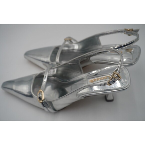 Larroude Ines Metallic Silver Mary Jane Pointed Toe Sculptural Kitten Heels Sz 7 - Picture 13 of 16